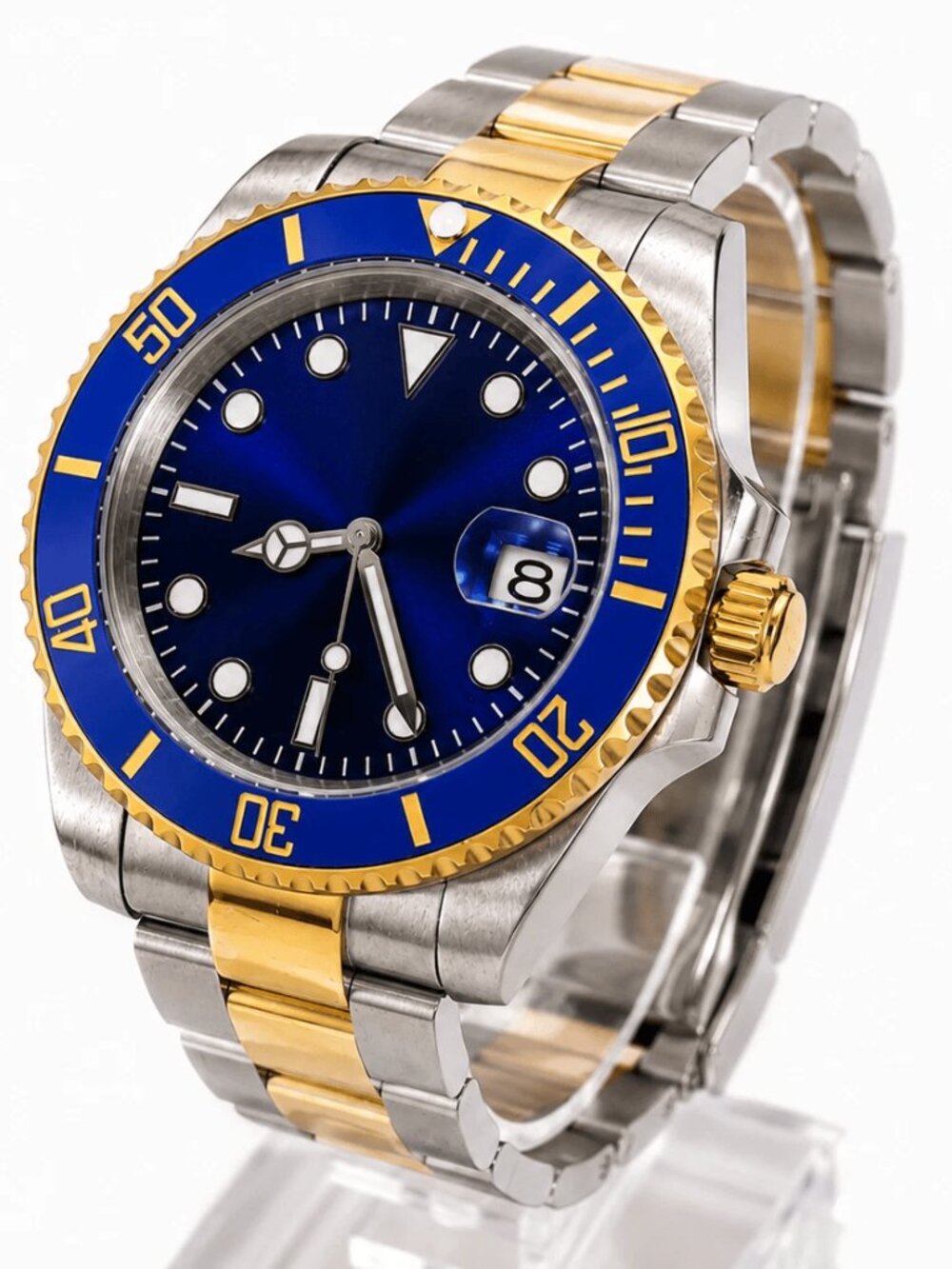 Custom Blue Dial Watch Two Tone Bezel Date Silver Gold Bracelet